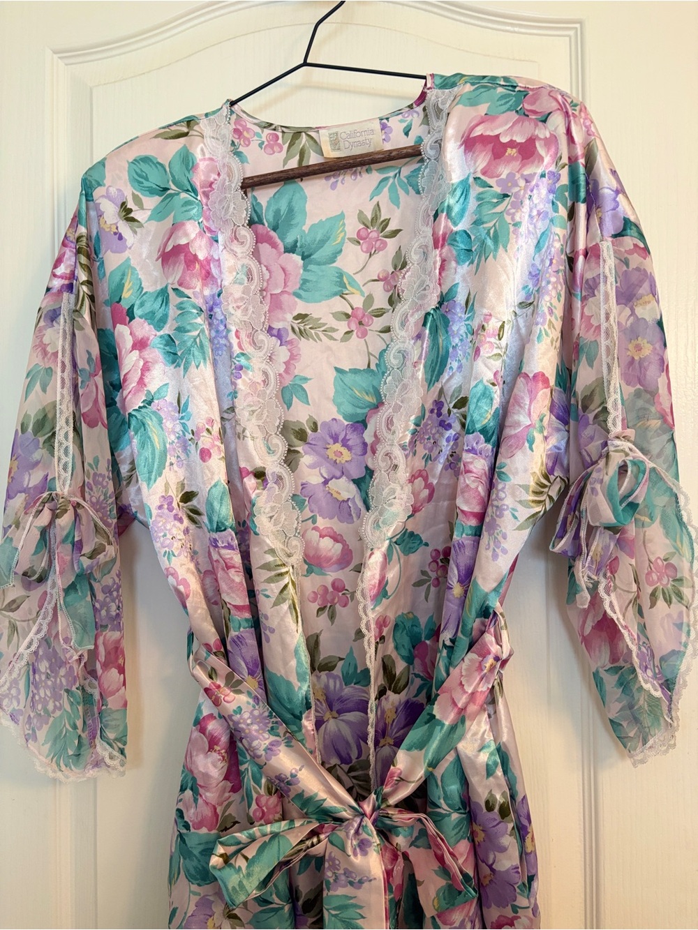 VTG California Dynasty Floral Satin Lace Trim Robe Large USA Made Pastel FIRM pr